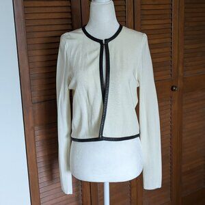 Barneys New York Off-White Cardigan with Leather Trim